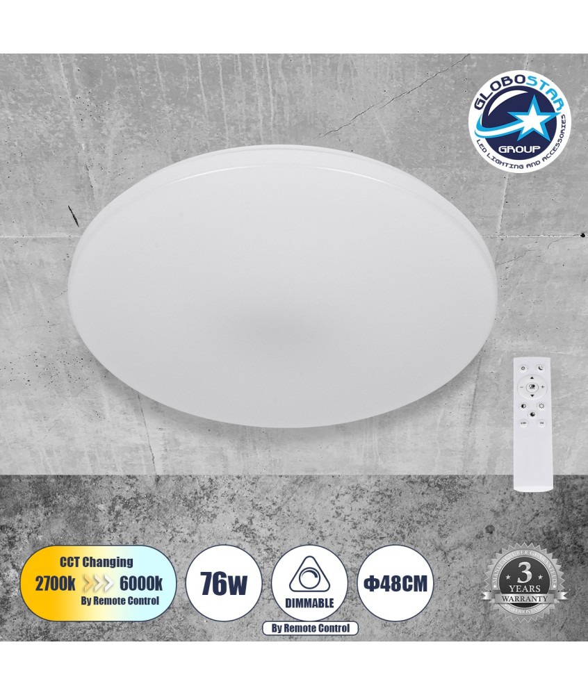 GLOBOSTAR® AVA 61017 Μοντέρνο Φωτιστικό Οροφής LED 76W 7600lm 120° AC 220-240V IP20 Ρυθμιζόμενο Λευκό CCT με Χειριστήριο από 2700K έως 6000K Dimmable - Lumileds SMD Chip - Λευκό Ματ - Μ48 x Π48 x Υ6.5cm - 3 Χρόνια Εγγύηση